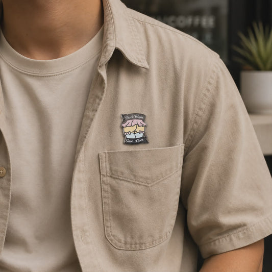 Adult enamel pin featuring the "Thick Thighs Save Lives" design with bold lettering and vibrant colors.