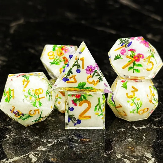 Custom dice set from Pinlord.com featuring uniquely designed, colorful gaming dice for tabletop role-playing games.
