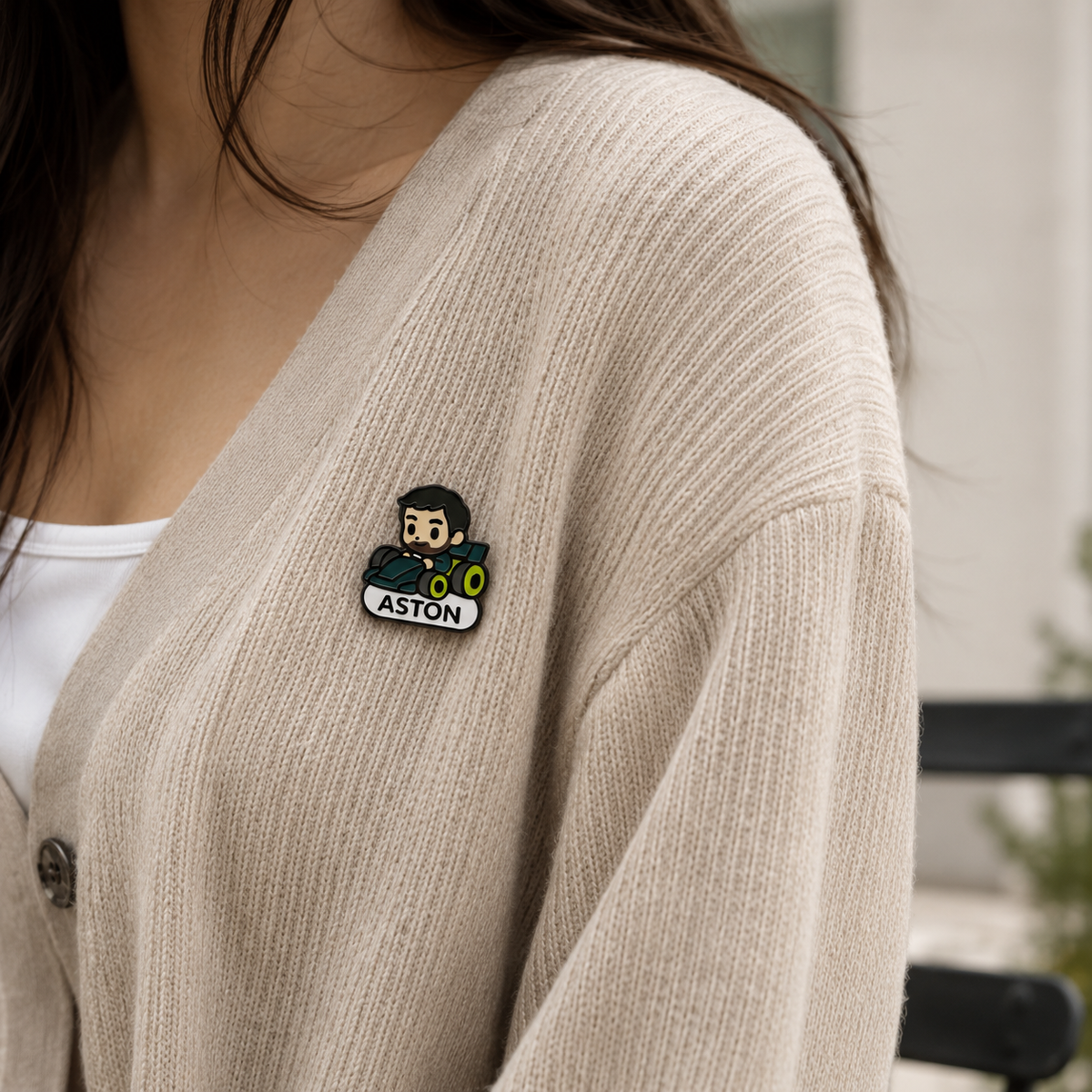 Evergreen Fernando Alonso enamel pin featuring a detailed design of the Formula 1 driver on a metal pin backing.