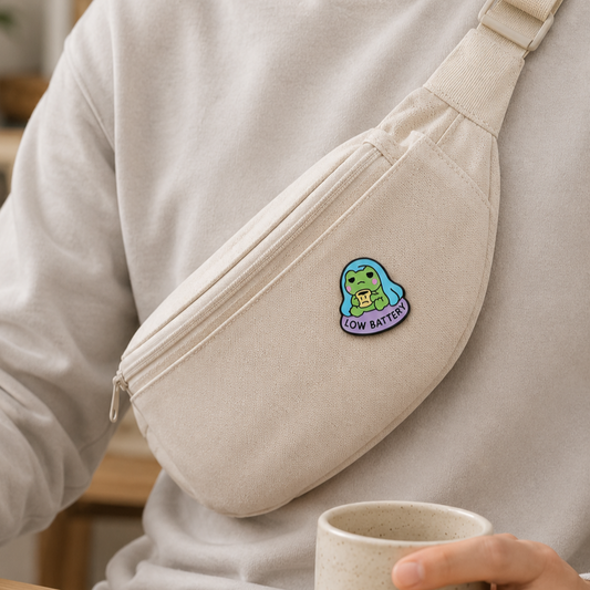 Green enamel pin featuring a cute frog with a low battery icon, perfect for backpacks or clothing accessories.