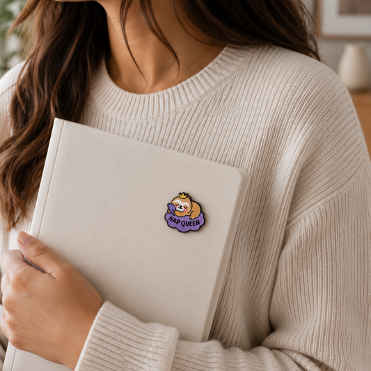 Enamel pin featuring a cute sloth with a crown, designed by Pinlord.com, perfect for accessories or collection displays.