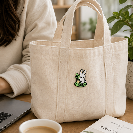 Plant Mom Bunny enamel pin featuring a cute bunny holding a small potted plant, vibrant colors, and detailed design.