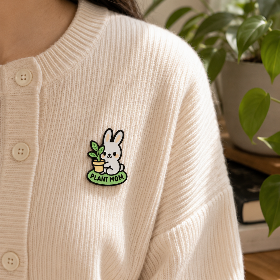 Plant Mom Bunny enamel pin featuring a cute bunny with plant elements, perfect for accessories and pin collections.