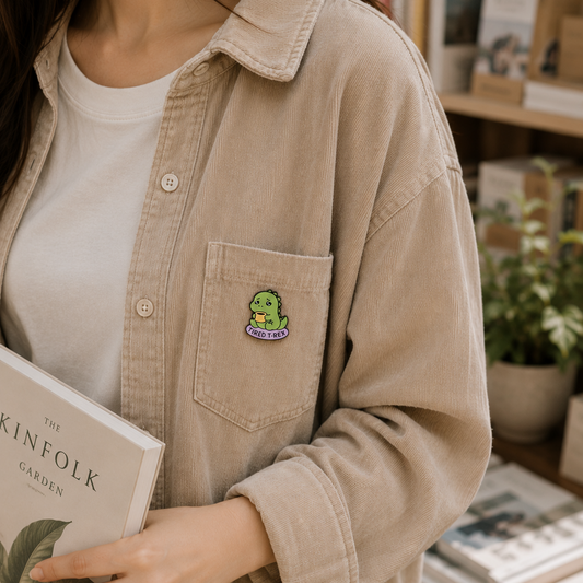 Tired T-Rex enamel pin featuring a sleepy dinosaur with a distressed expression, detailed in vibrant colors and metal edges.