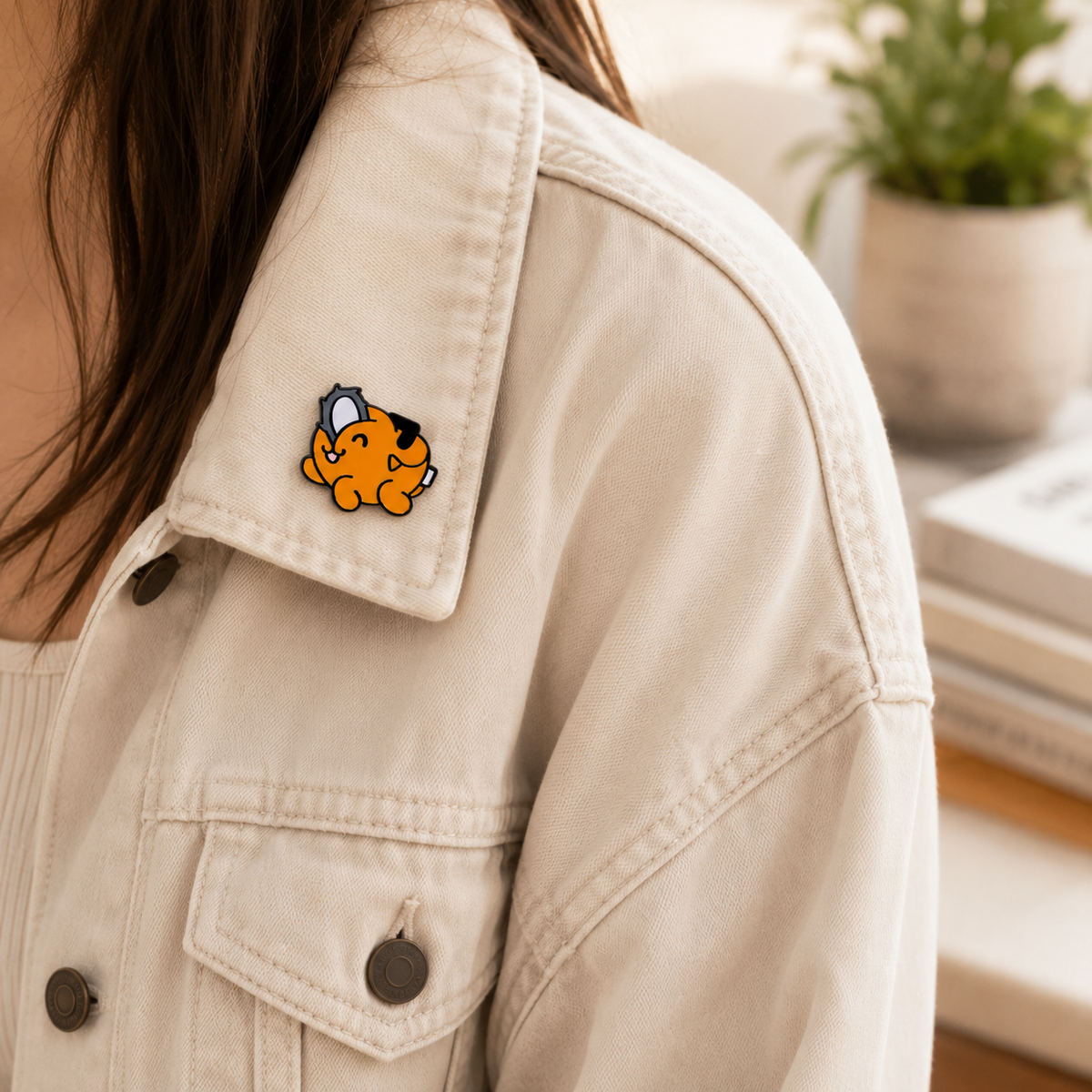 Chainsaw Dog Pochita enamel pin featuring a cute dog with a chainsaw, detailed design, orange accents, from Pinlord.com