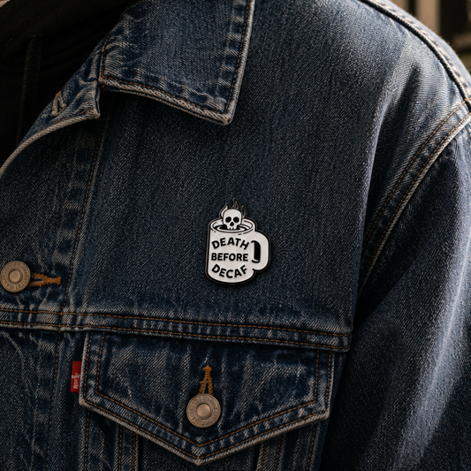 Death Before Decaf skull enamel pin featuring a detailed skull design, perfect for pin collectors and skull enthusiasts.