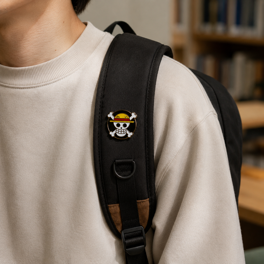 Pirate flag enamel pin by Pinlord.com featuring a classic black and white pirate design, perfect for accessories and collectibles.