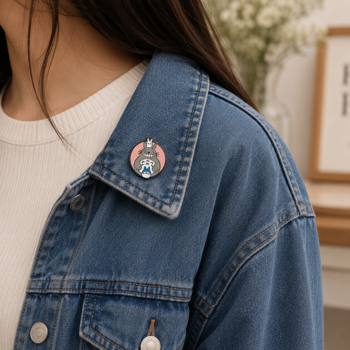 Cute Totoro enamel pin from Pinlord.com featuring Totoro's face with green leaf details, perfect for backpacks or jackets.