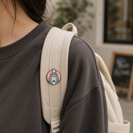 Cute Totoro enamel pin by Pinlord.com featuring detailed gray and white design on a metal pin back.