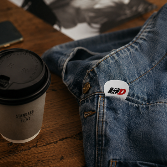 Fujiwara Tofu Shop Initial D guitar pick by Pinlord.com, featuring a sleek design with branding and logo for music enthusiasts.