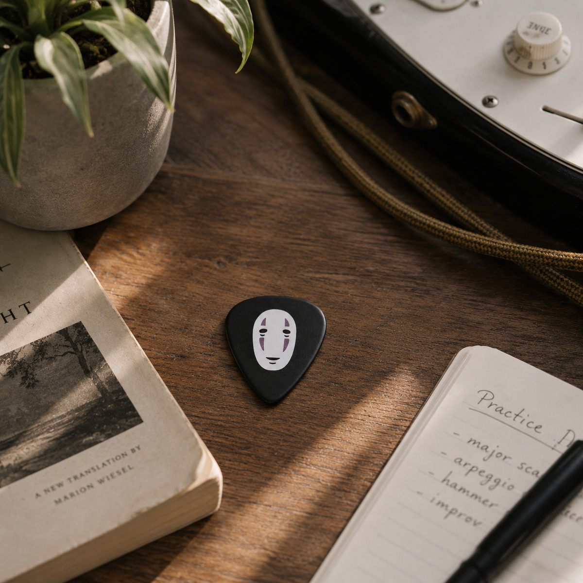 Gold No Face guitar pick from Pinlord.com, featuring a unique design, suitable for electric and acoustic guitar players.