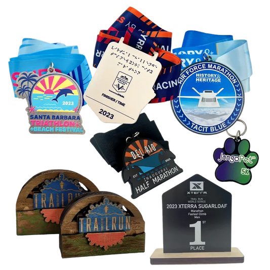 Close-up of custom medals and awards from Ashworth Awards, featuring detailed designs for event merchandise and recognition.