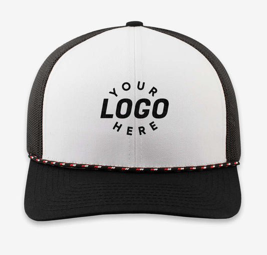Custom Ink hat from Pinlord.com, navy blue baseball cap with embroidered logo, adjustable strap, and structured crown.