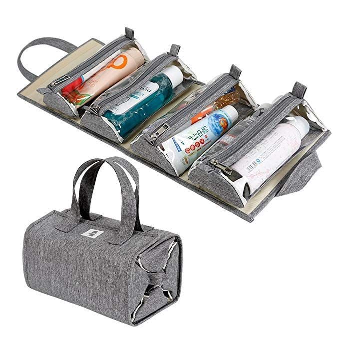 Custom toiletry bag design template featuring a sleek, organized toiletry bag with multiple compartments, ideal for travel accessories.
