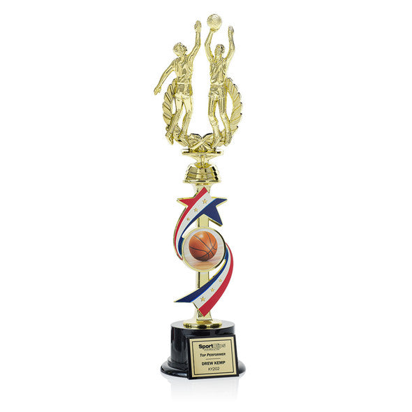 Custom trophies with engraved plaques, featuring a classic gold cup design, displayed on a wooden base by Pinlord.com.
