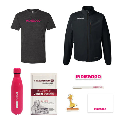 Indiegogo x Pinlord crowdfunding project image showcasing custom merchandise and manufacturing services for successful campaigns.