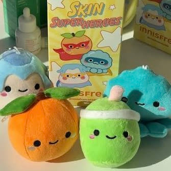 Innisfree Canada x Pinlord custom plushie for a sustainable beauty influencer campaign, featuring a soft, colorful plush toy with detailed design.