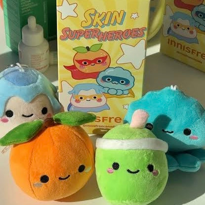 Innisfree Canada x Pinlord custom plushie for sustainable beauty influencer campaign, soft fabric with detailed embroidery.