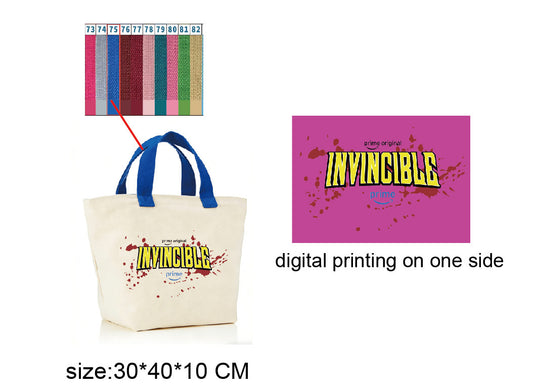 Invincible x Pinlord custom tote bag featuring superhero design from Invincible series, durable fabric with vibrant print.