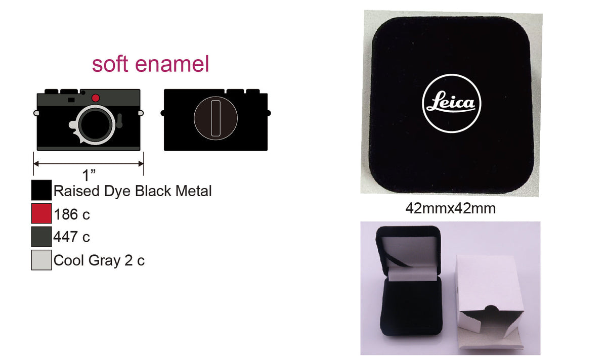 Leica x Pinlord custom enamel pin featuring a detailed design, displayed on a luxurious presentation card.