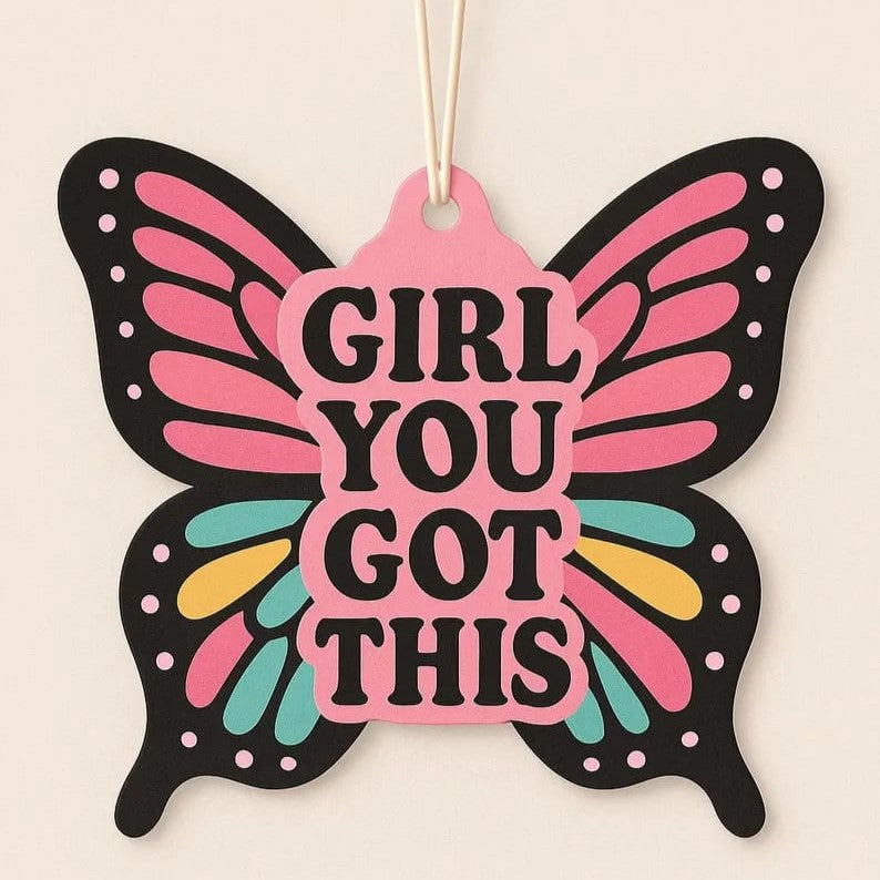 Custom air freshener by Pinlord.com with a colorful design, designed to freshen up cars or rooms naturally.