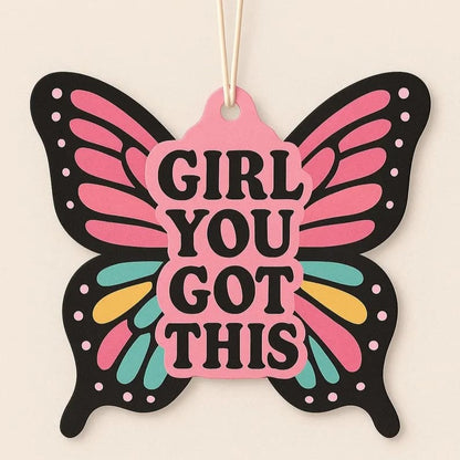 Custom air freshener by Pinlord.com with a colorful design, designed to freshen up cars or rooms naturally.