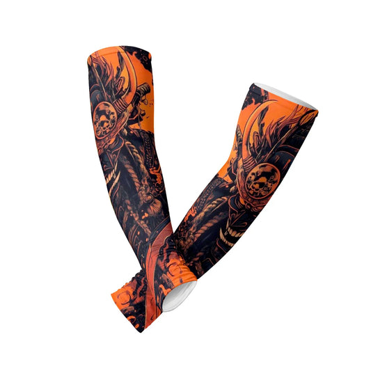 Custom arm sleeves from Pinlord.com featuring unique designs, made of stretchy fabric for comfortable fit and sun protection.