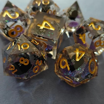 Custom dice set by Pinlord.com featuring colorful, personalized six-sided dice with unique designs on each face.
