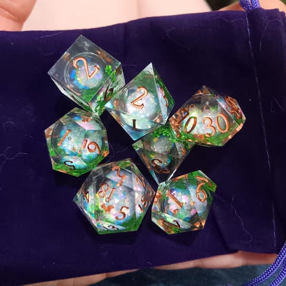 Custom dice set with unique designs from Pinlord.com, featuring detailed, colorful dice for gaming or collection.