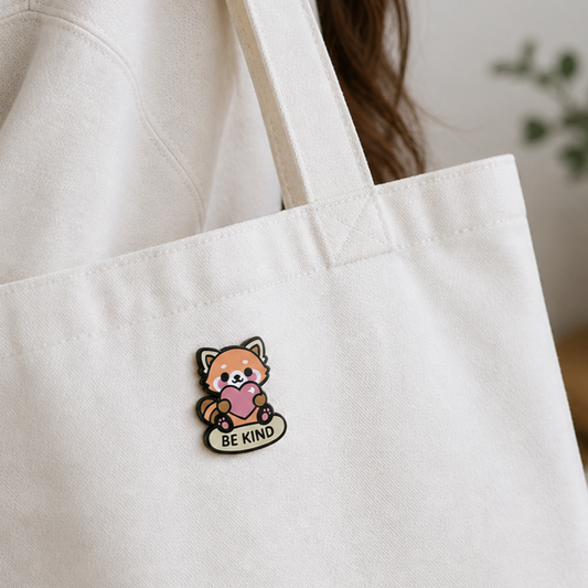 Red panda enamel pin by Pinlord.com featuring a "Be Kind" message, with a cute panda design and vibrant red and black colors.