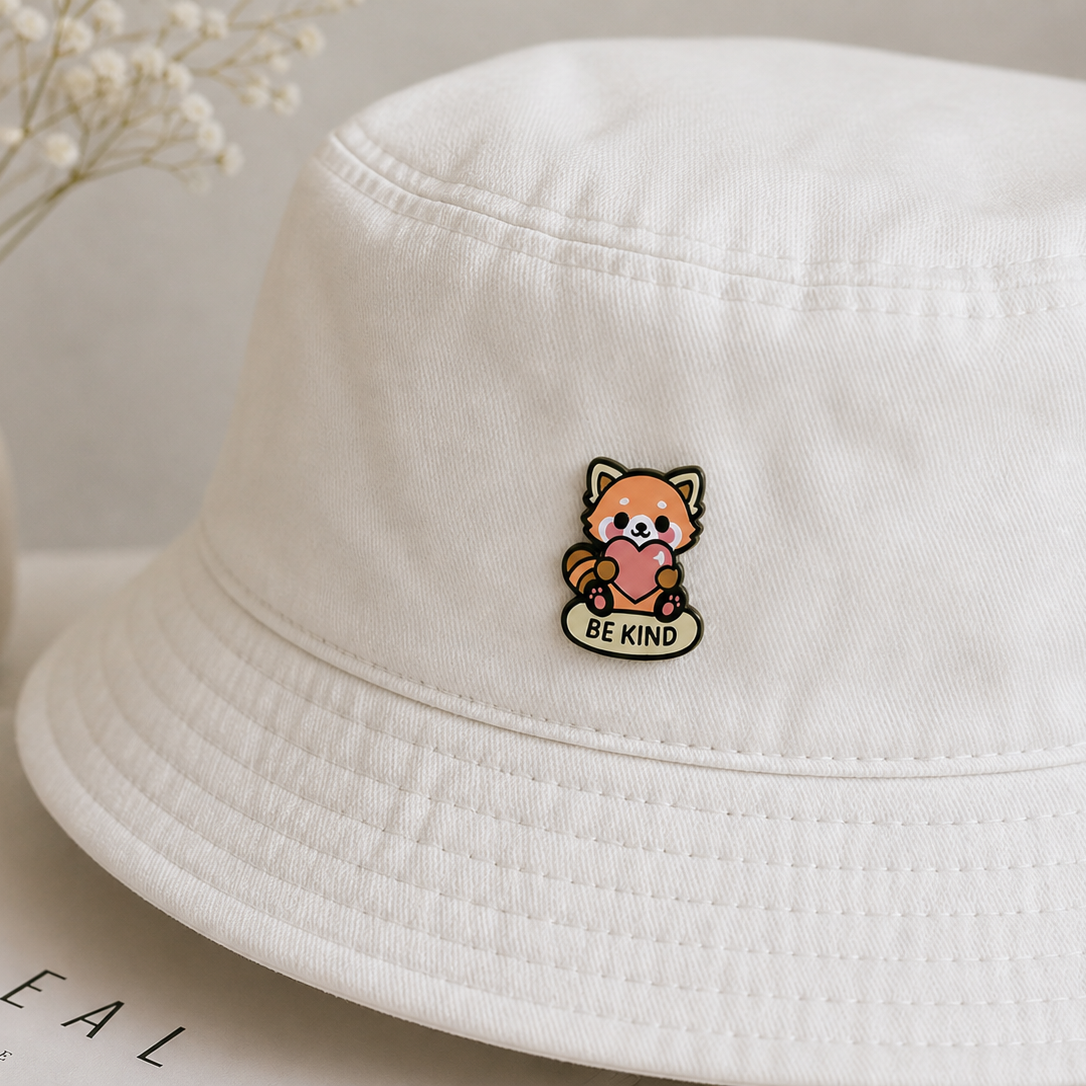 Red panda enamel pin from Pinlord.com featuring a "Be Kind" design, with vibrant colors and detailed craftsmanship.