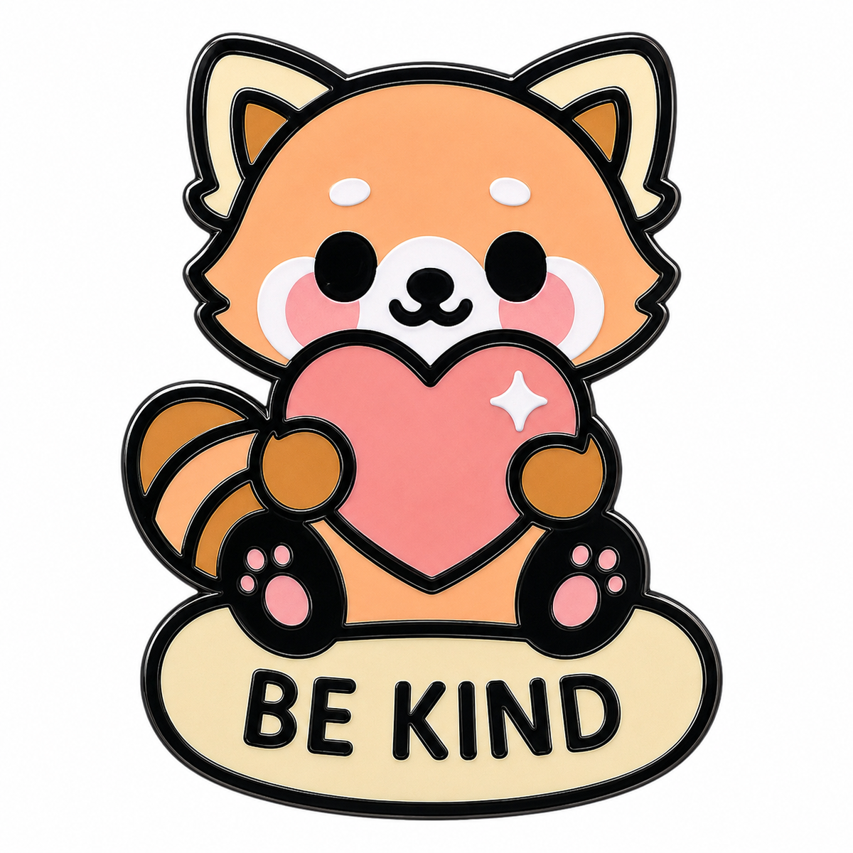 Red panda enamel pin featuring "Be Kind" design by Pinlord.com, with vibrant colors and detailed craftsmanship.