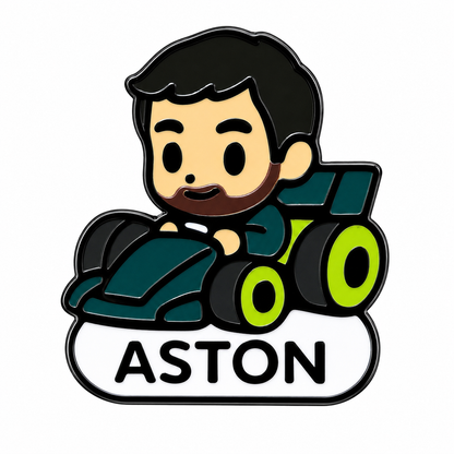 Evergreen Fernando Alonso enamel pin featuring a detailed design of the Formula 1 driver on a metal pin backing.