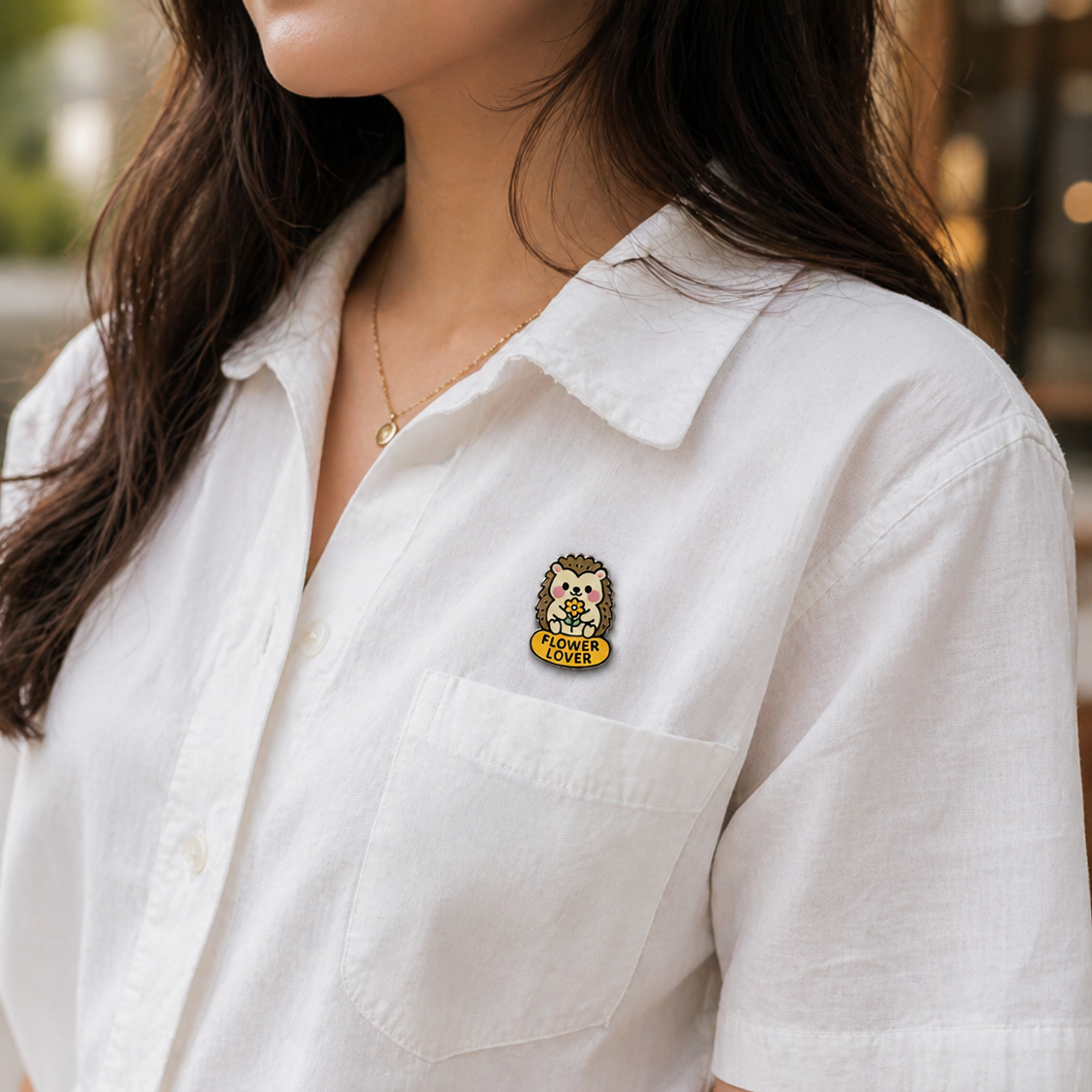 Flower Lover Hedgehog enamel pin by Pinlord.com featuring a cute hedgehog with colorful flower details, perfect for accessories.