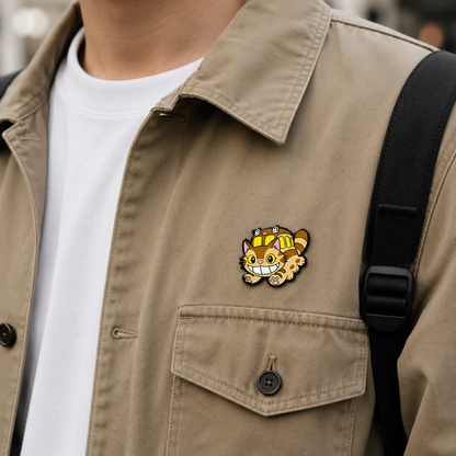 Smiling Catbus companion enamel pin featuring a grinning cat character, detailed design, perfect for pin collectors and fans.