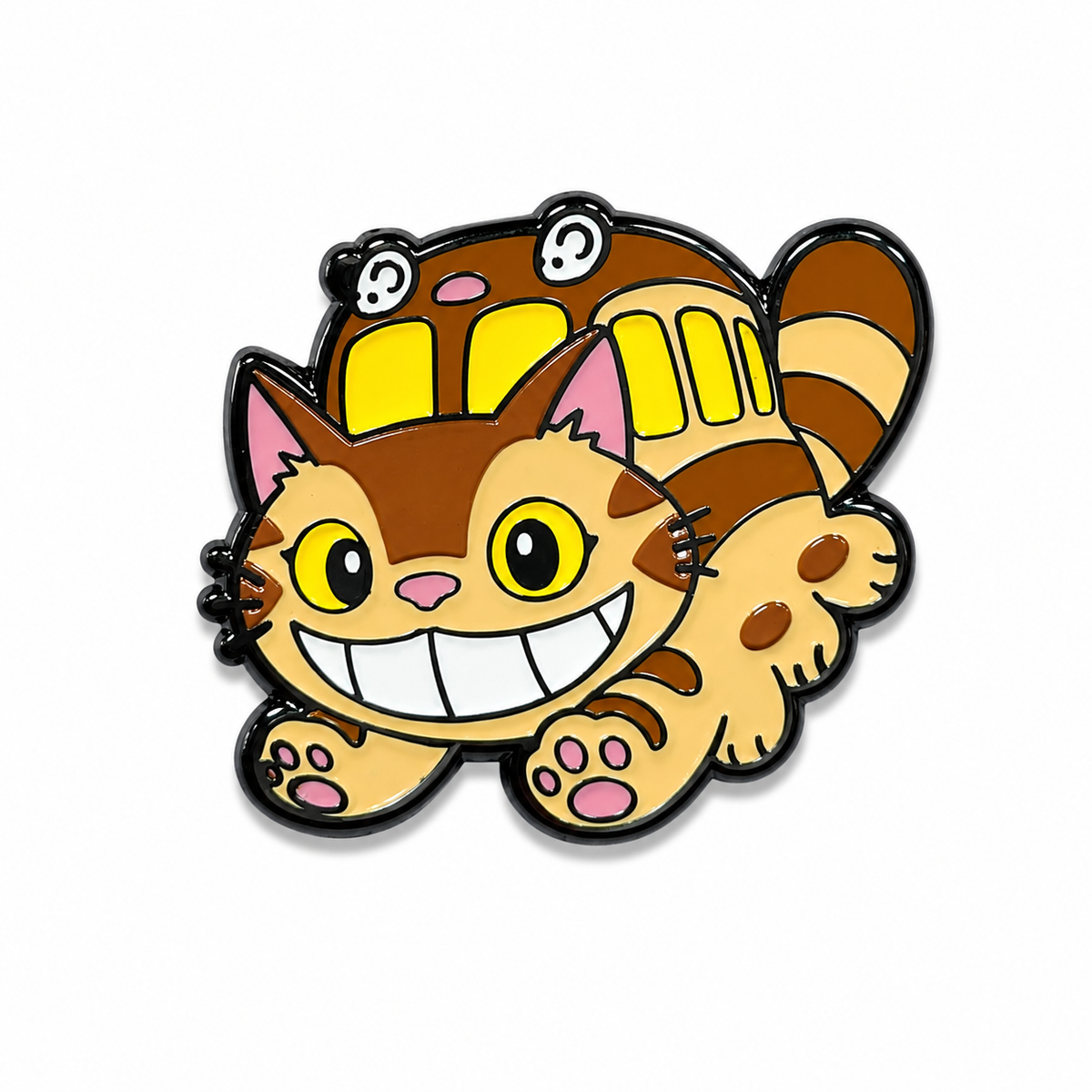 Enamel pin featuring a grinning Catbus companion from Pinlord.com, with detailed colorful design and playful expression.