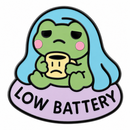 Cute Low Battery Frog enamel pin featuring a green frog with a low battery icon, perfect for backpack or jacket decoration.