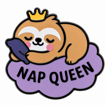 Close-up of the Nap Queen Sloth enamel pin by Pinlord.com showing a cute sloth with a crown and sleepy expression.