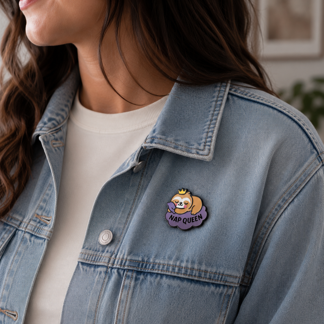 Enamel pin featuring a relaxed sloth with a sleep mask, designed by Nap Queen Sloth for Pinlord.com.