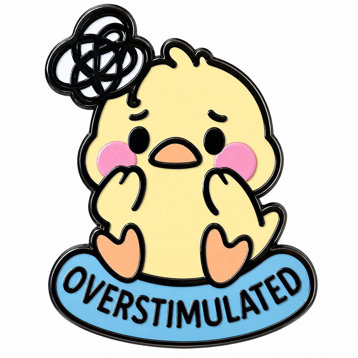 Overstimulated Chick enamel pin featuring a yellow chick with wide eyes, detailed design, and shiny gold finish.