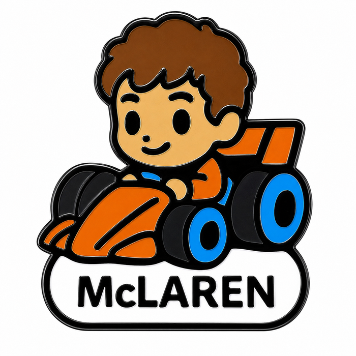Papaya Speedster Lando Norris enamel pin featuring a colorful racing car design, perfect for motorsport enthusiasts.