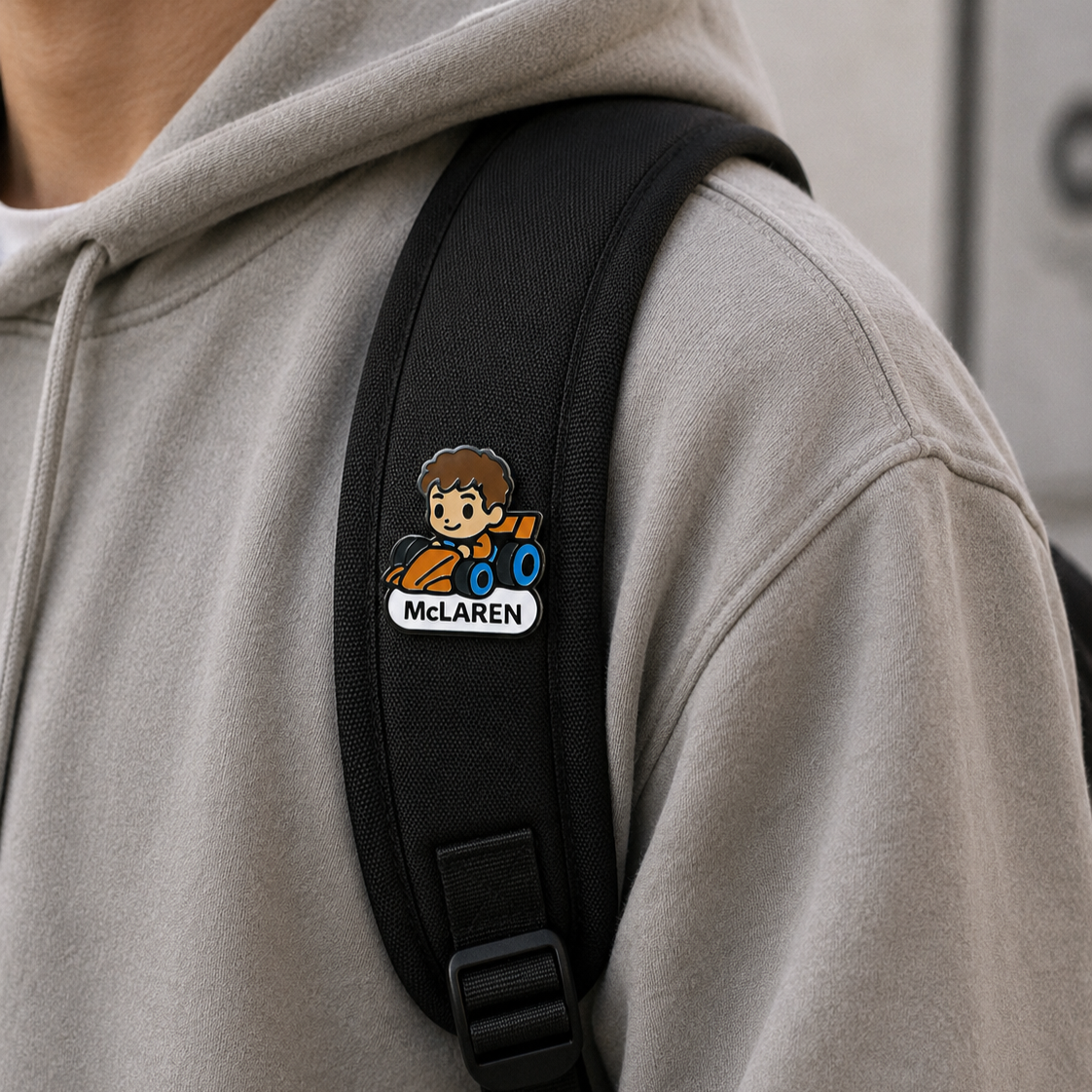 Papaya Speedster Lando Norris enamel pin featuring a colorful racing car design, perfect for fans of Formula 1 and car collectibles.