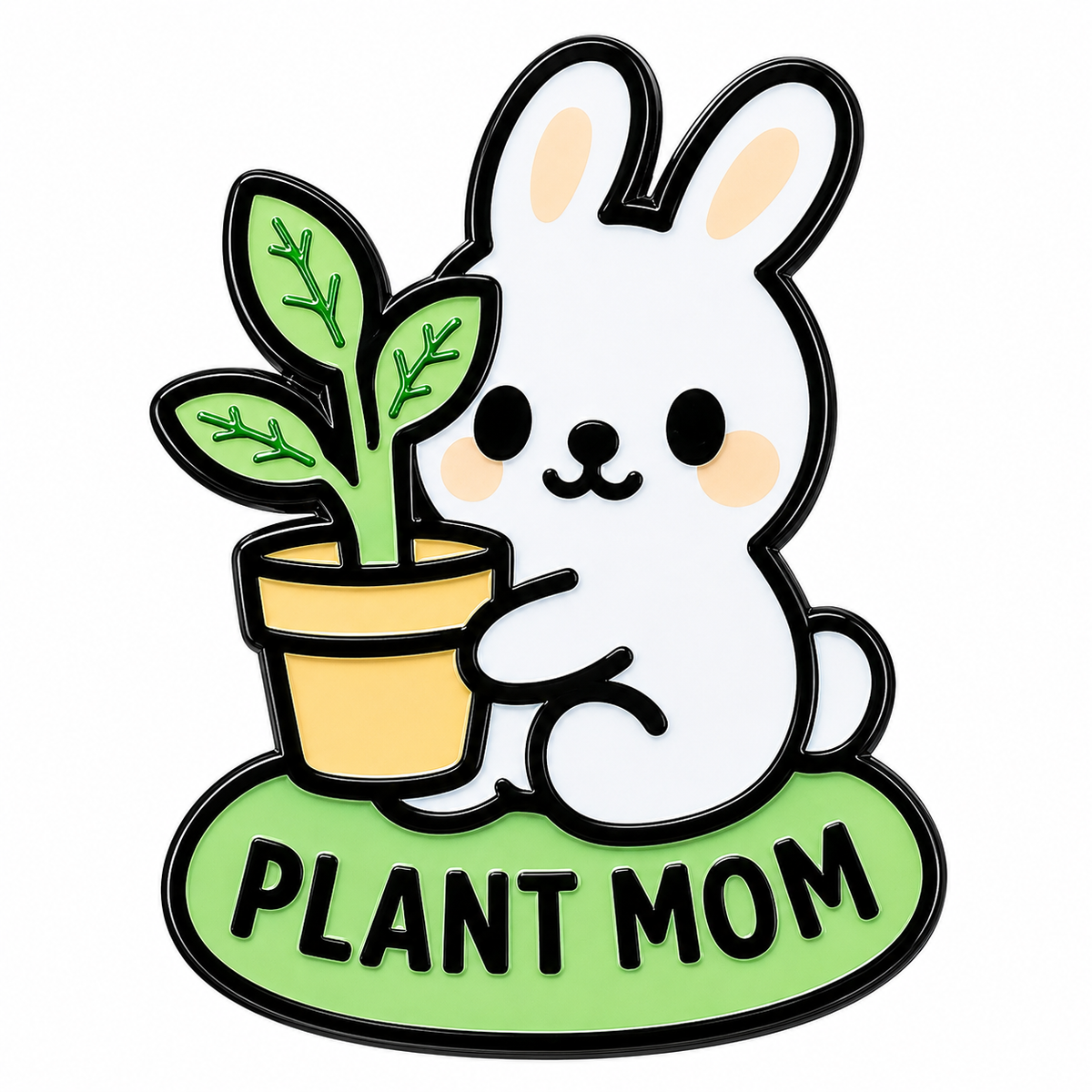 Plant Mom Bunny enamel pin featuring a cute bunny holding a small potted plant, perfect for plant lovers and enamel pin collectors.