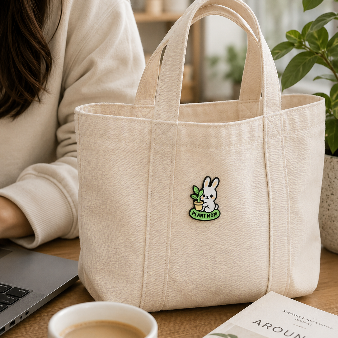 Plant Mom Bunny enamel pin featuring a cute bunny holding a small potted plant, vibrant colors, and detailed design.