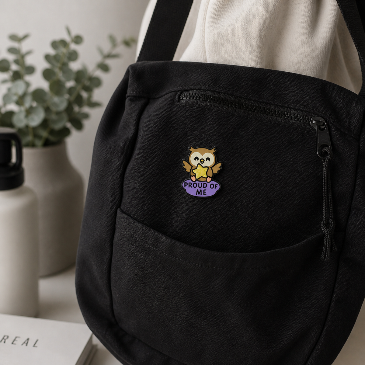 Colorful Proud of Me Owl enamel pin from Pinlord.com featuring a cute owl design on a metal pin backing.