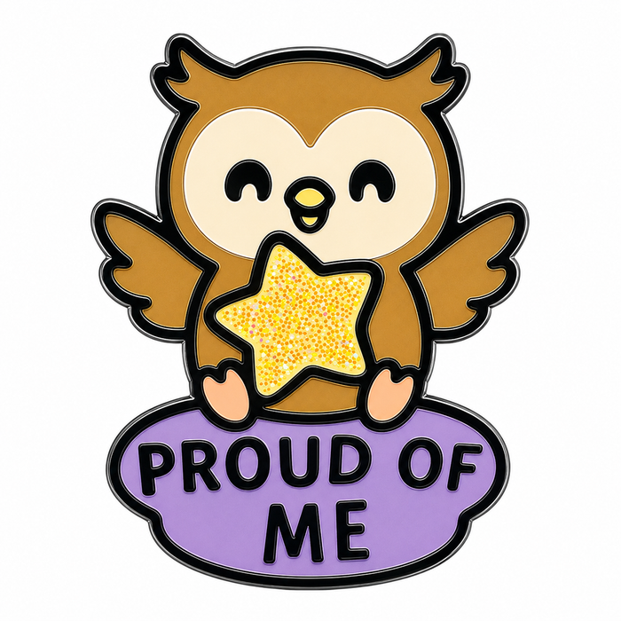 Colorful Proud of Me Owl enamel pin featuring a cute owl design, perfect for accessorizing clothing or bags.