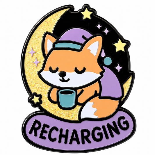 Recharging Fox enamel pin featuring a cute fox with a charging symbol, designed by Pinlord.com.