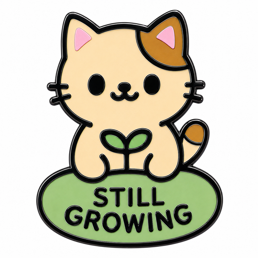 Cute Still Growing Cat enamel pin featuring a playful cat illustration, perfect for cat lovers and enamel pin collectors.