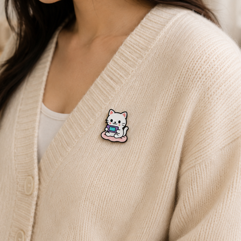 Colorful Tech Cat enamel pin from Pinlord.com featuring a sleek feline design on a metal backing.