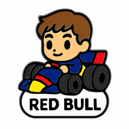 Unstoppable Max Verstappen enamel pin featuring a racing car design, detailed metal finish, and vibrant colors for fans and collectors.